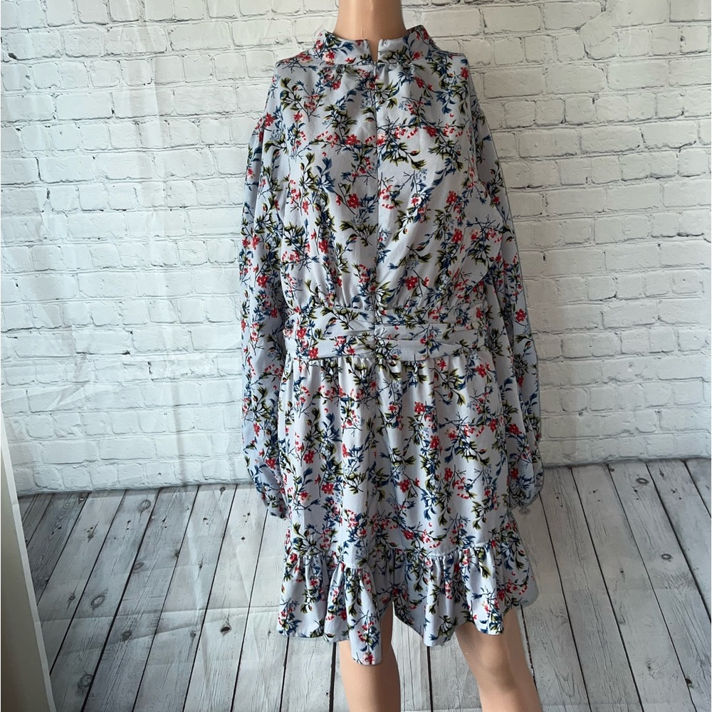 PrettyLittleThing Blue, Red, & Green floral Longsleeve zip down dress size 12